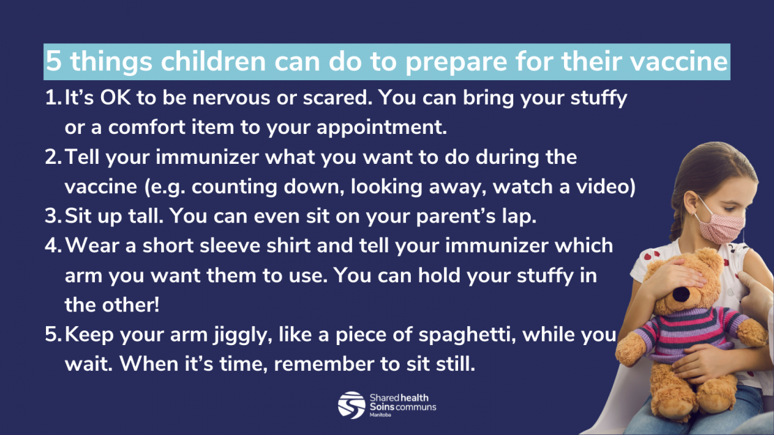 A list of five things children can do to prepare for their vaccine, with the Shared Health logo at the bottom and a photo of a child wearing a mask and holding a teddy bear as they receive a vaccine, with the needle just out of frame. 1. It’s OK to be nervous or scared. You can bring your stuffy or a comfort item to your appointment. 2. Tell your immunizer what you want to do during the vaccine (e.g. counting down, looking away, watch a video). 3. Sit up tall. You can even sit on your parent’s lap. 4. Wear a short sleeve shirt and tell your immunizer which arm you want them to use. You can hold your study in the other! 5. Keep your arm jiggly, like a piece of spaghetti, while you wait. When it’s time, remember to sit still.