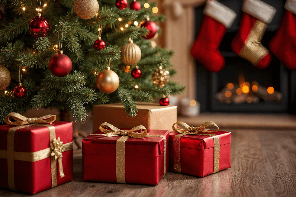 Sapin de Noël décoré d’ornements rouges et dorés; des cadeaux emballés sont au pied de l’arbre.